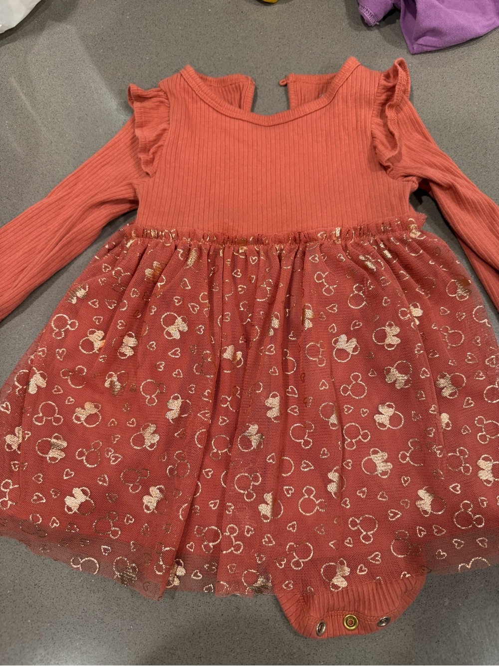 Disney Coral Long-Sleeve Tulle Dress with Gold Heart & Mouse Print